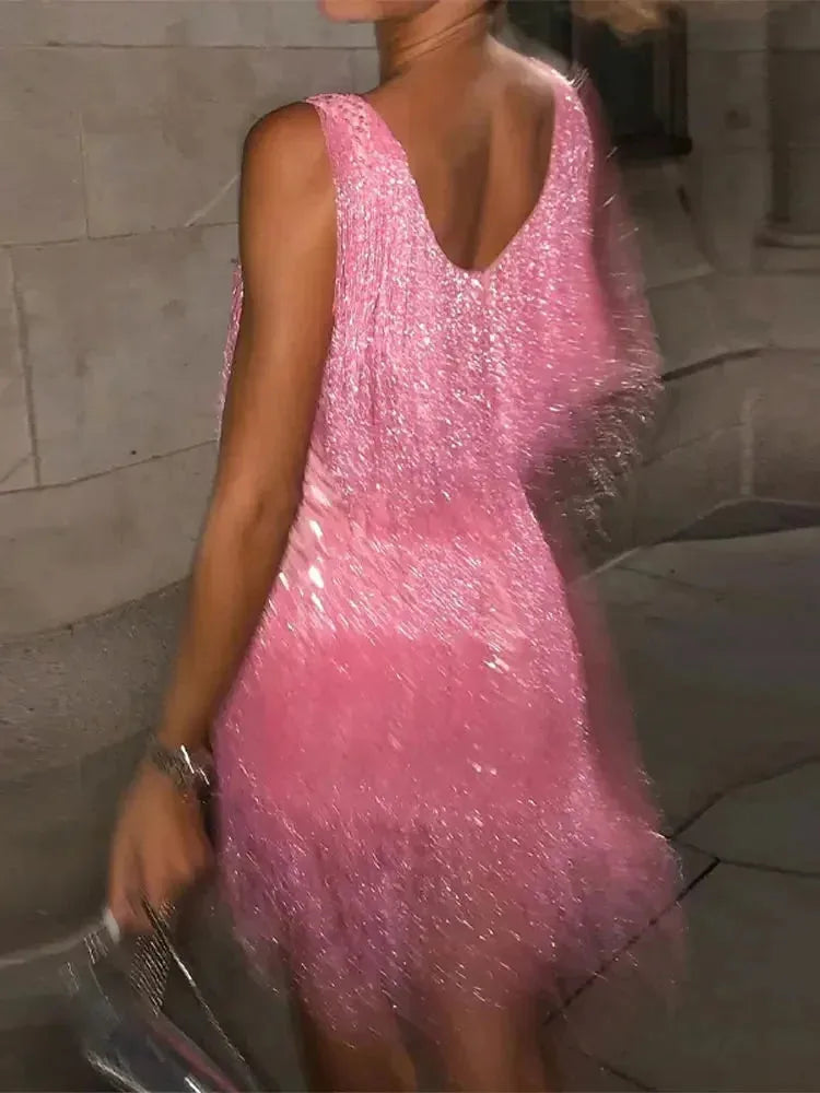 Isabella | Sequin Fringe V-Neck Mini Evening Dress