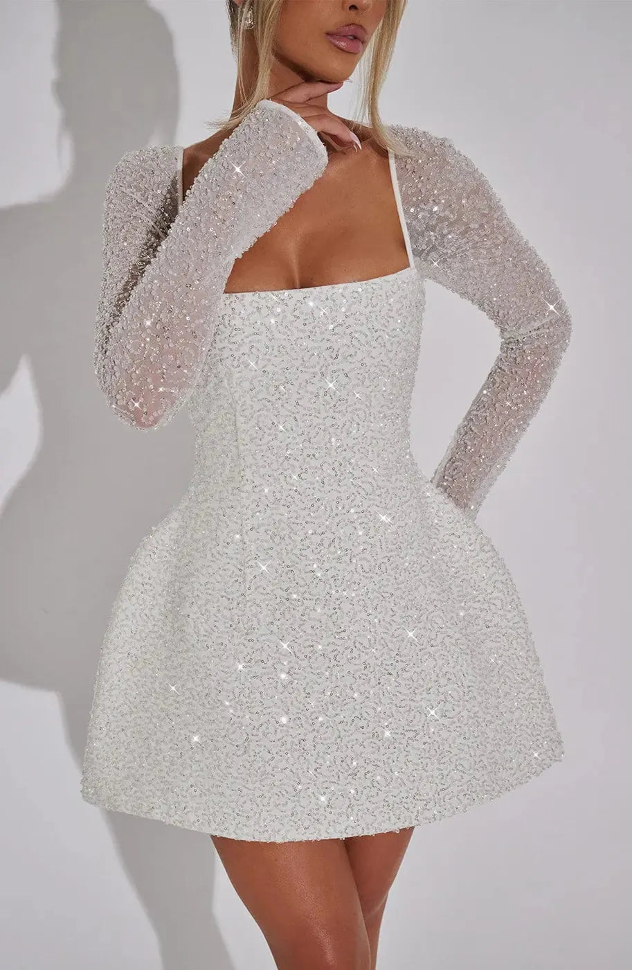 Silver Women's Sequin Lace-Up Mini Dress — Marigold Long Sleeve Sparkle - Close Up Detail