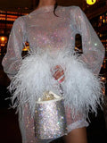 Women's Sequin Mini Party Dress — Una Feather Trim Bodycon