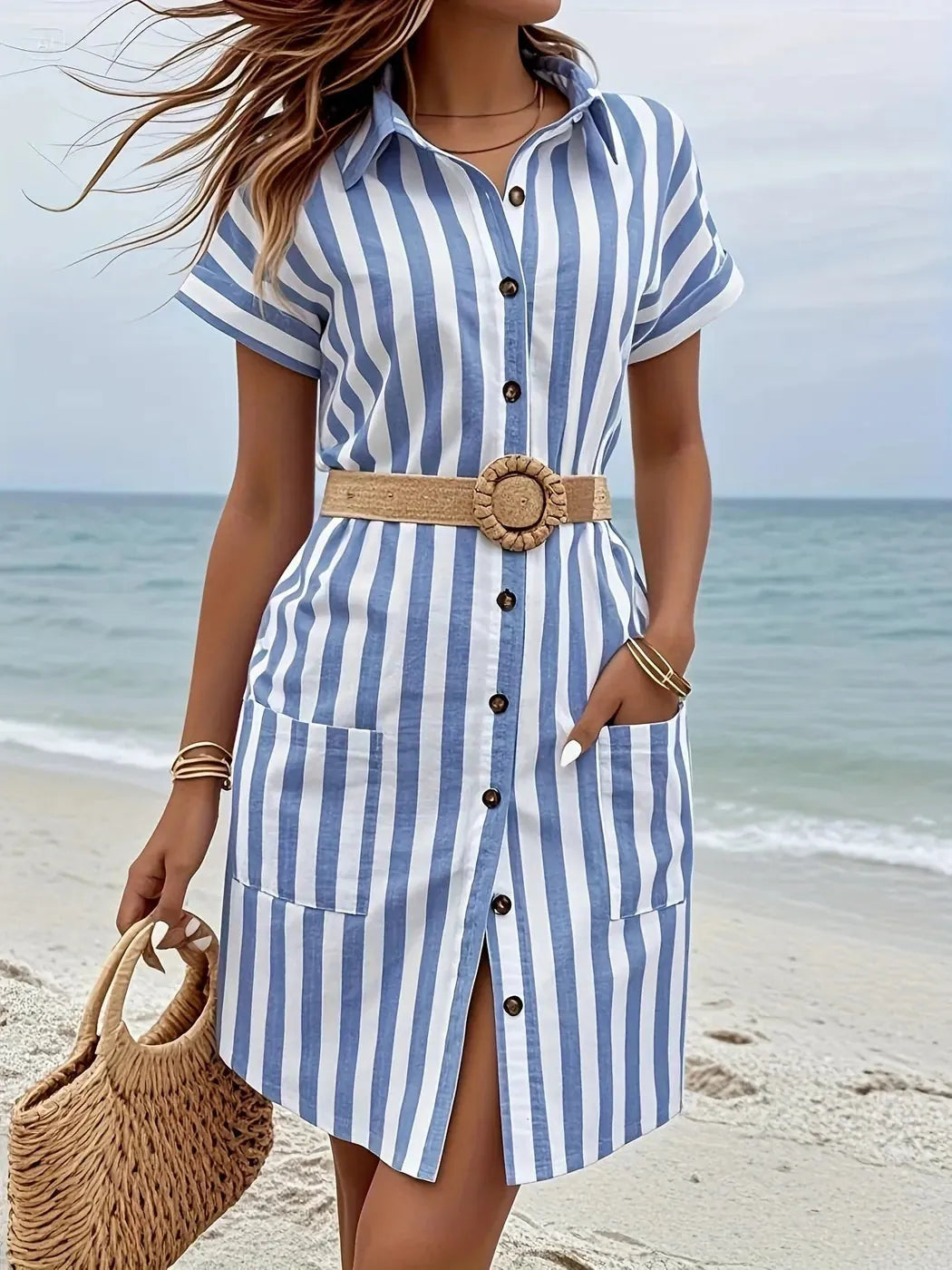 Blue Women's Striped Shirt Dress — Eloise Button-Front Short Sleeve - Front Belted