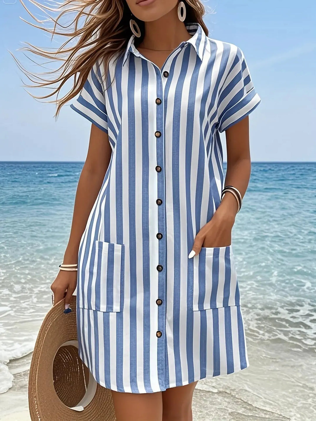 Blue Women's Striped Shirt Dress — Eloise Button-Front Short Sleeve - Front Full