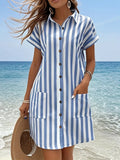 Women's Striped Shirt Dress — Eloise Button-Front Short Sleeve