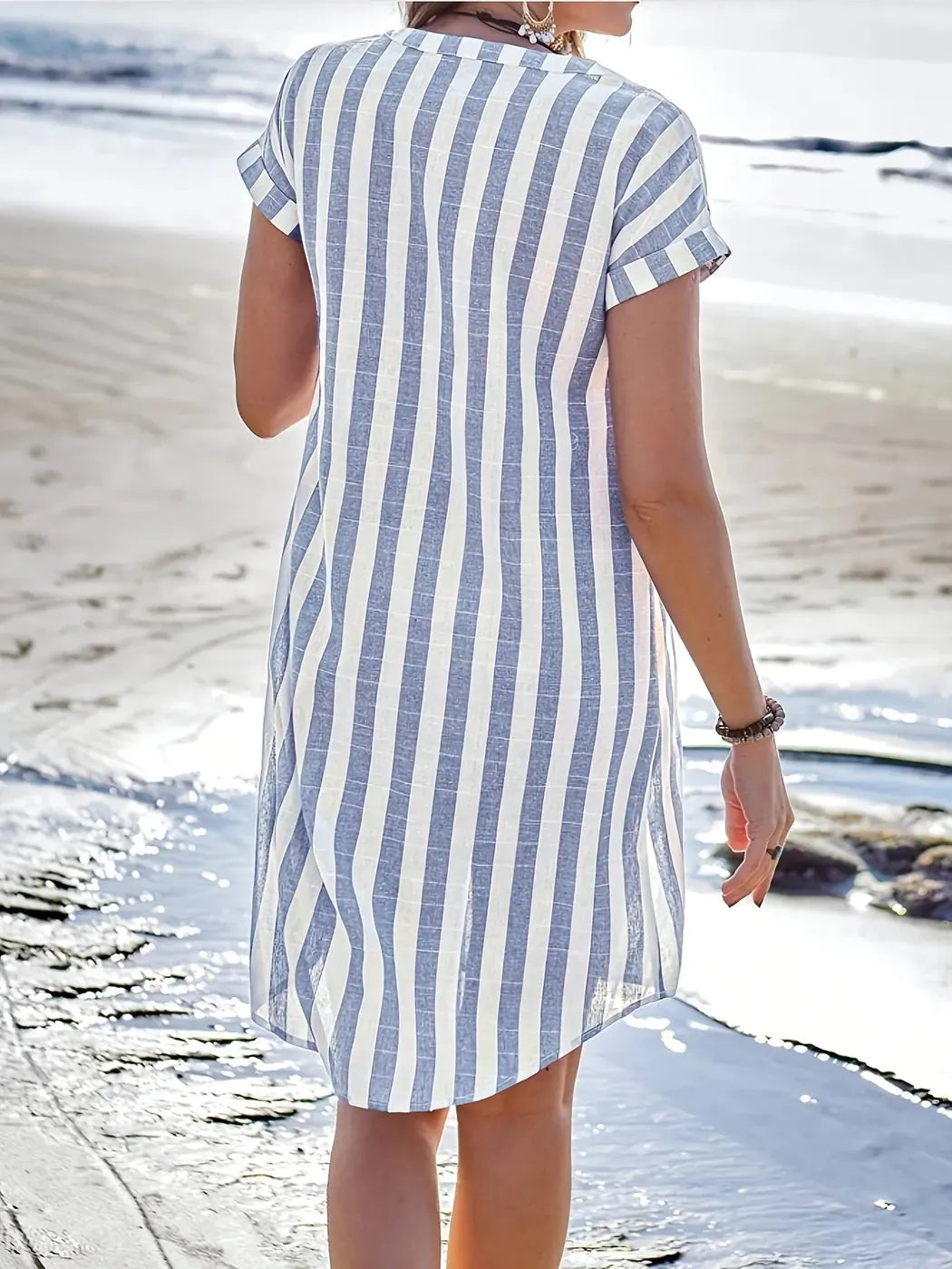 Light Blue Women's Striped Shirt Dress — Maddie Button-Front Short Sleeve - Back Detail