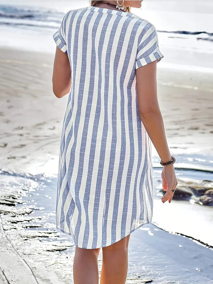 Light Blue Women's Striped Shirt Dress — Maddie Button-Front Short Sleeve - Back Detail