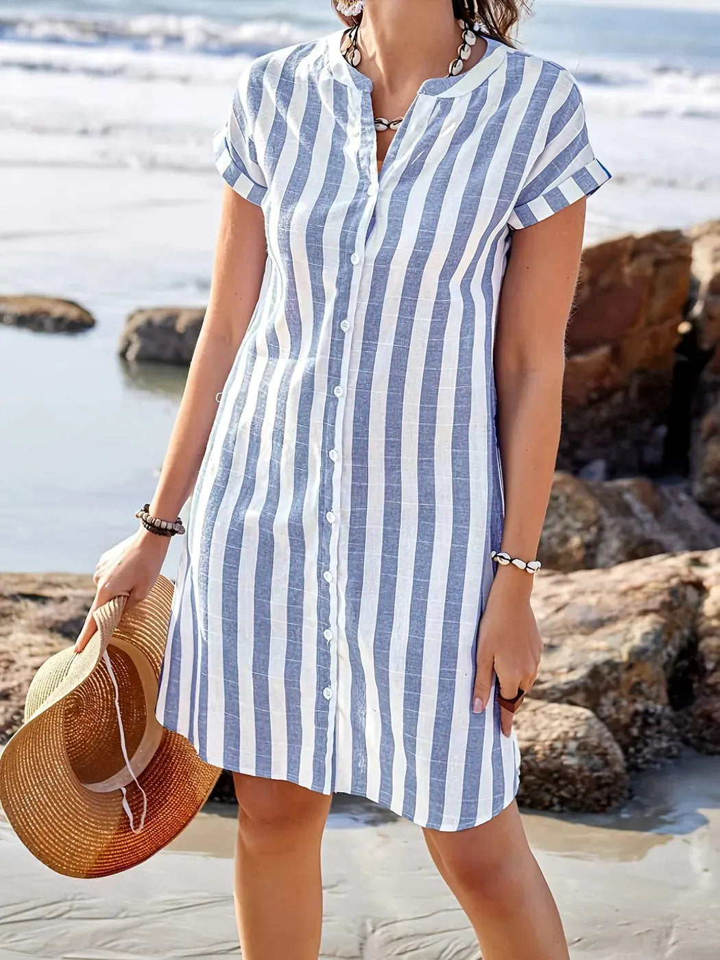 Light Blue Women's Striped Shirt Dress — Maddie Button-Front Short Sleeve - Front Full
