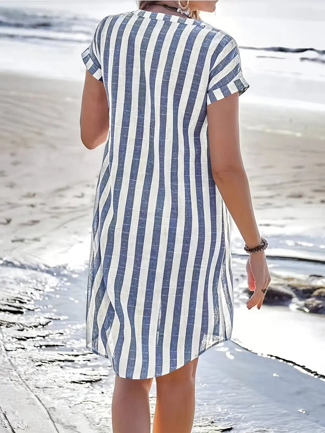 Navy Women's Striped Shirt Dress — Maddie Button-Front Short Sleeve - Back Walking