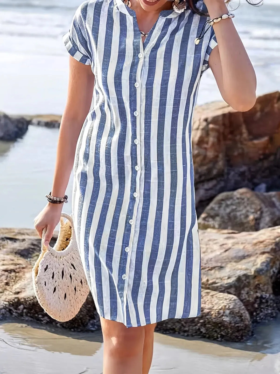 Navy Women's Striped Shirt Dress — Maddie Button-Front Short Sleeve - Close Up Front