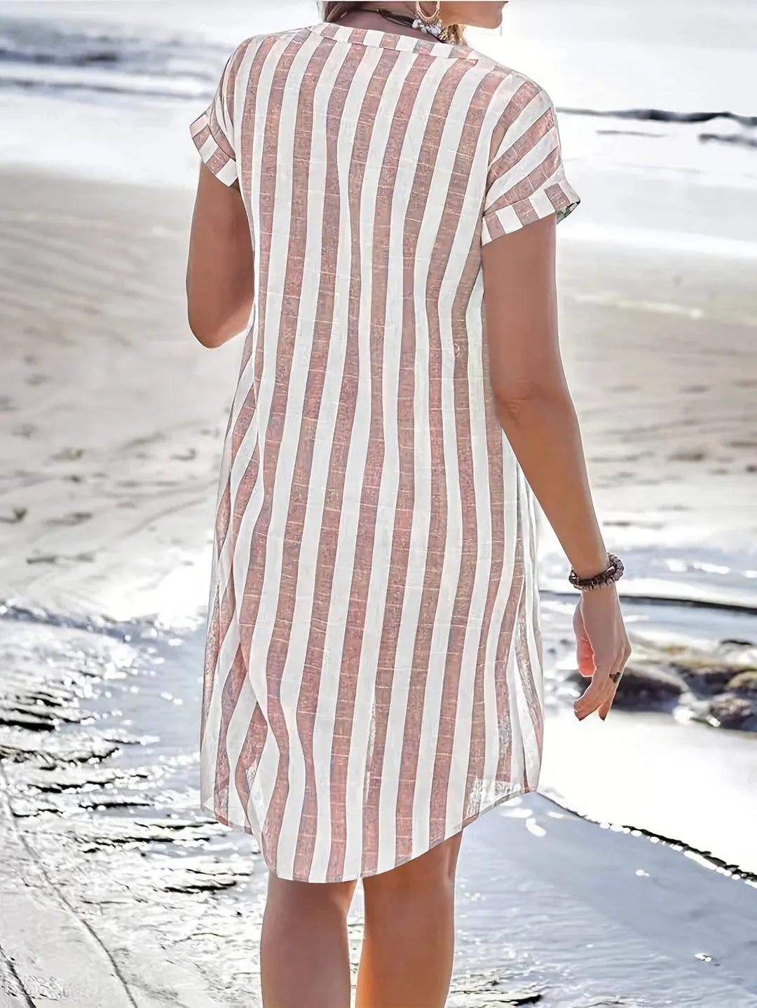 Pink Women's Striped Shirt Dress — Maddie Button-Front Short Sleeve - Back View