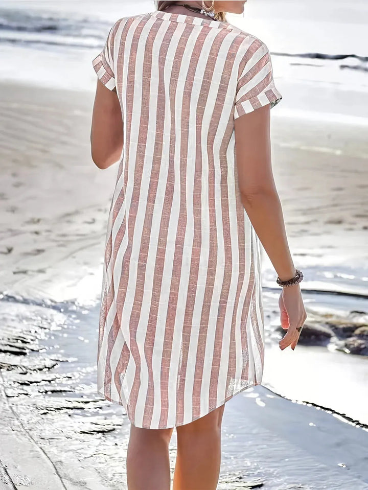 Pink Women's Striped Shirt Dress — Maddie Button-Front Short Sleeve - Back View