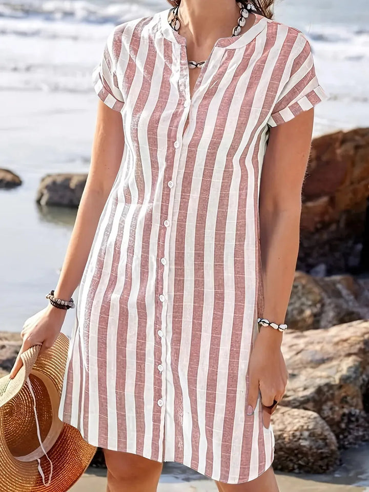 Pink Women's Striped Shirt Dress — Maddie Button-Front Short Sleeve - Front Pose