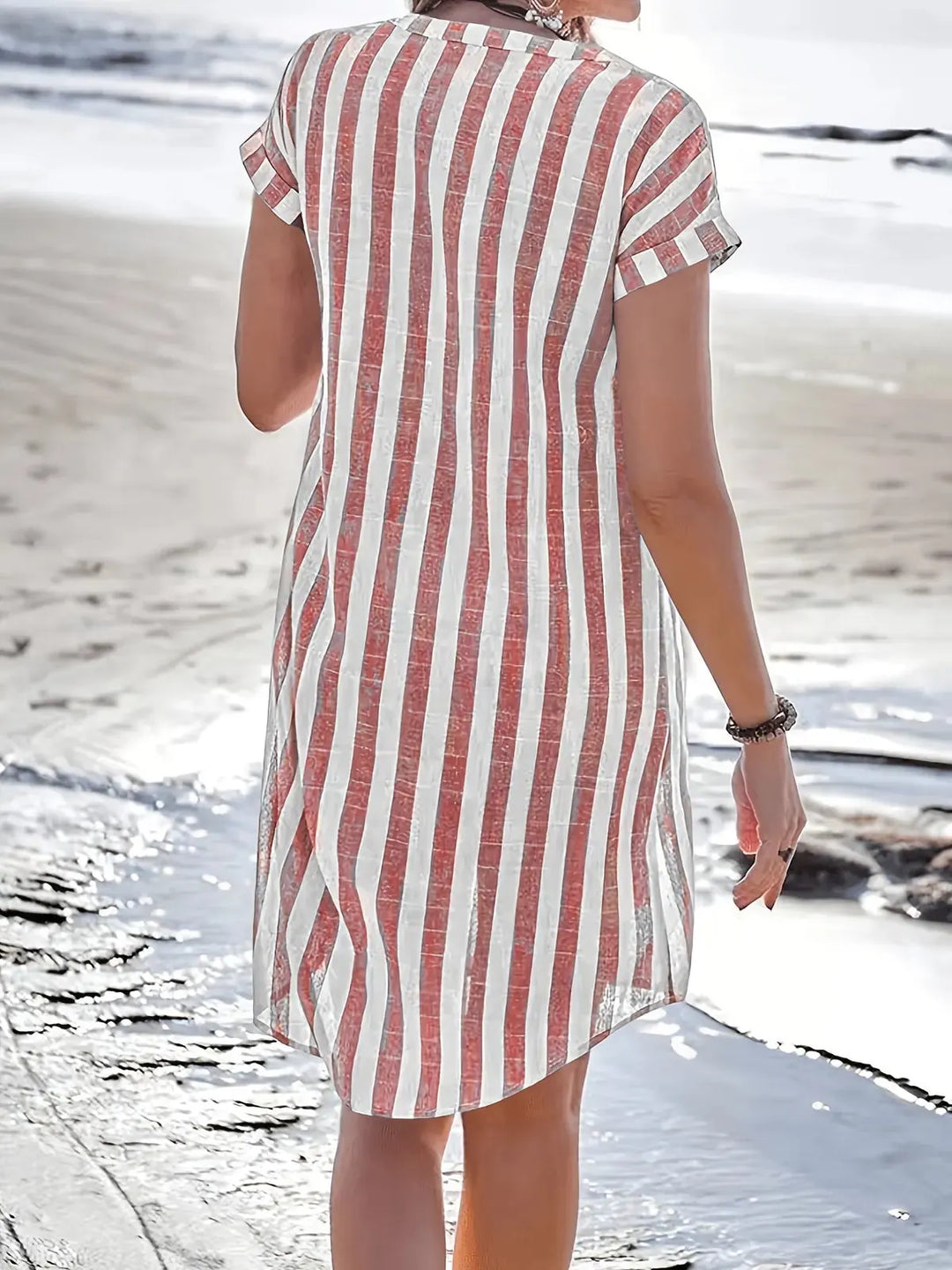 Red Women's Striped Shirt Dress — Maddie Button-Front Short Sleeve - Back Styled
