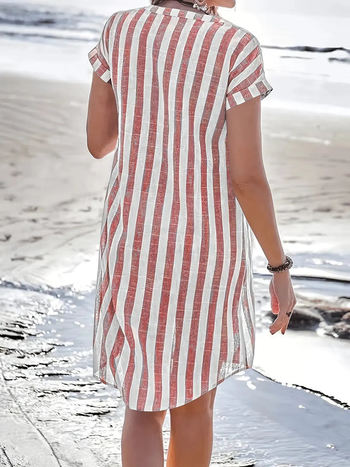 Red Women's Striped Shirt Dress — Maddie Button-Front Short Sleeve - Back Styled