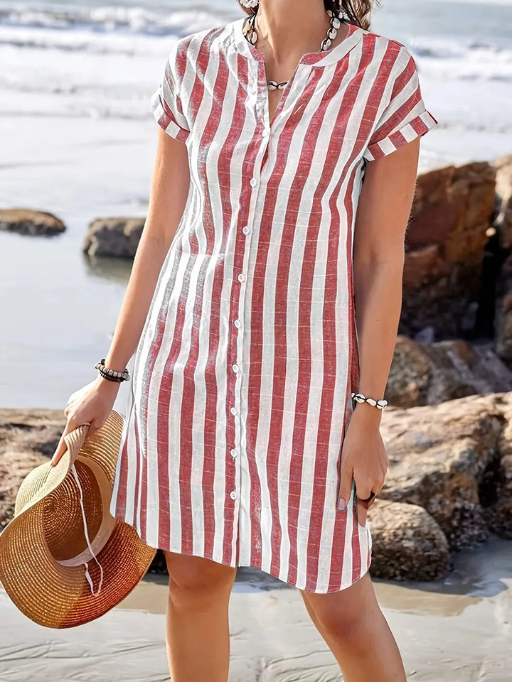 Red Women's Striped Shirt Dress — Maddie Button-Front Short Sleeve - Front Styled