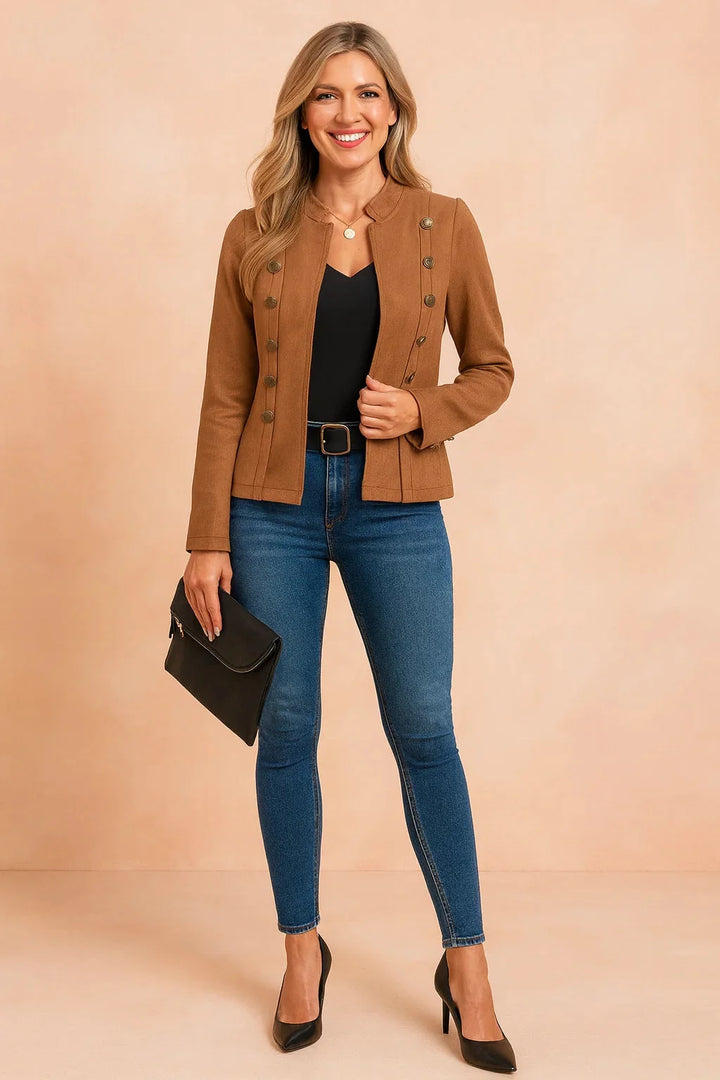 Brown Women's Short Double Breasted Blazer — Cami Military Button-Front Cropped - Front Full