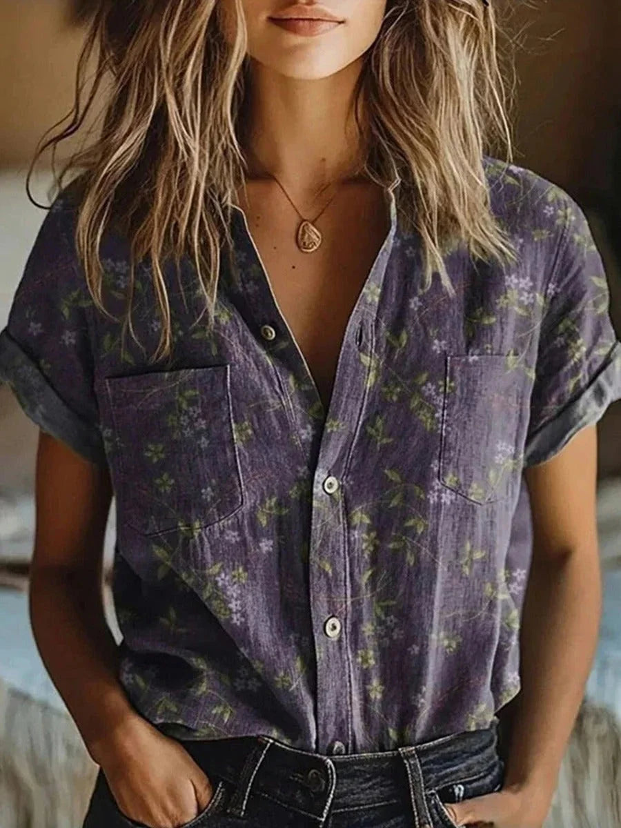 Purple Women's Floral Short Sleeve Blouse — Addy Vintage Lapel Button-Front - Front Full