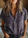 Women's Floral Short Sleeve Blouse — Addy Vintage Lapel Button-Front