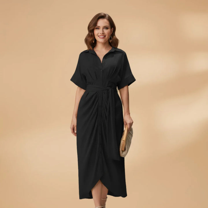 Eva | Elegant Short Sleeve Tie Waist Midi Dress