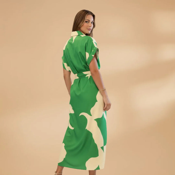 Eva | Elegant Short Sleeve Tie Waist Midi Dress
