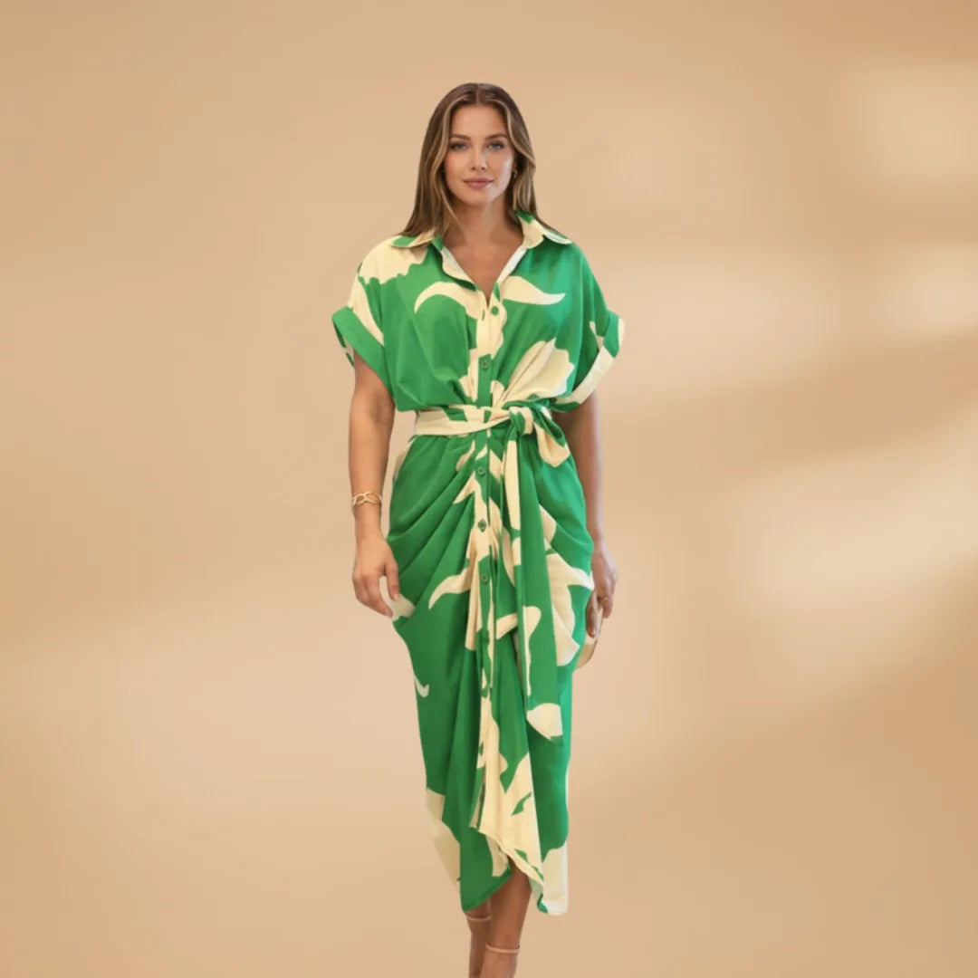 Eva | Elegant Short Sleeve Tie Waist Midi Dress