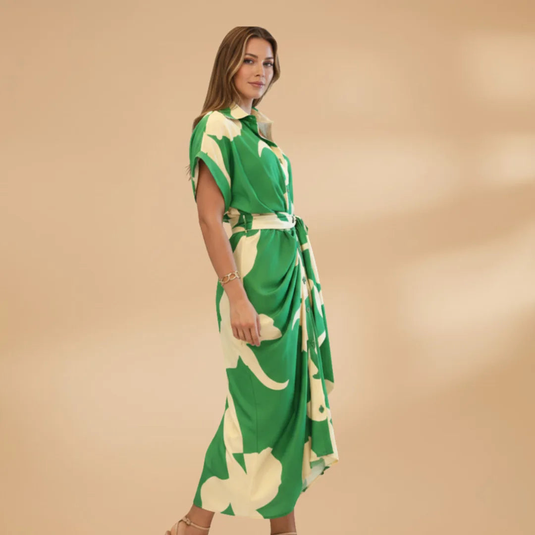 Eva | Elegant Short Sleeve Tie Waist Midi Dress