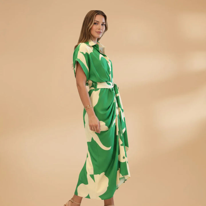 Eva | Elegant Short Sleeve Tie Waist Midi Dress