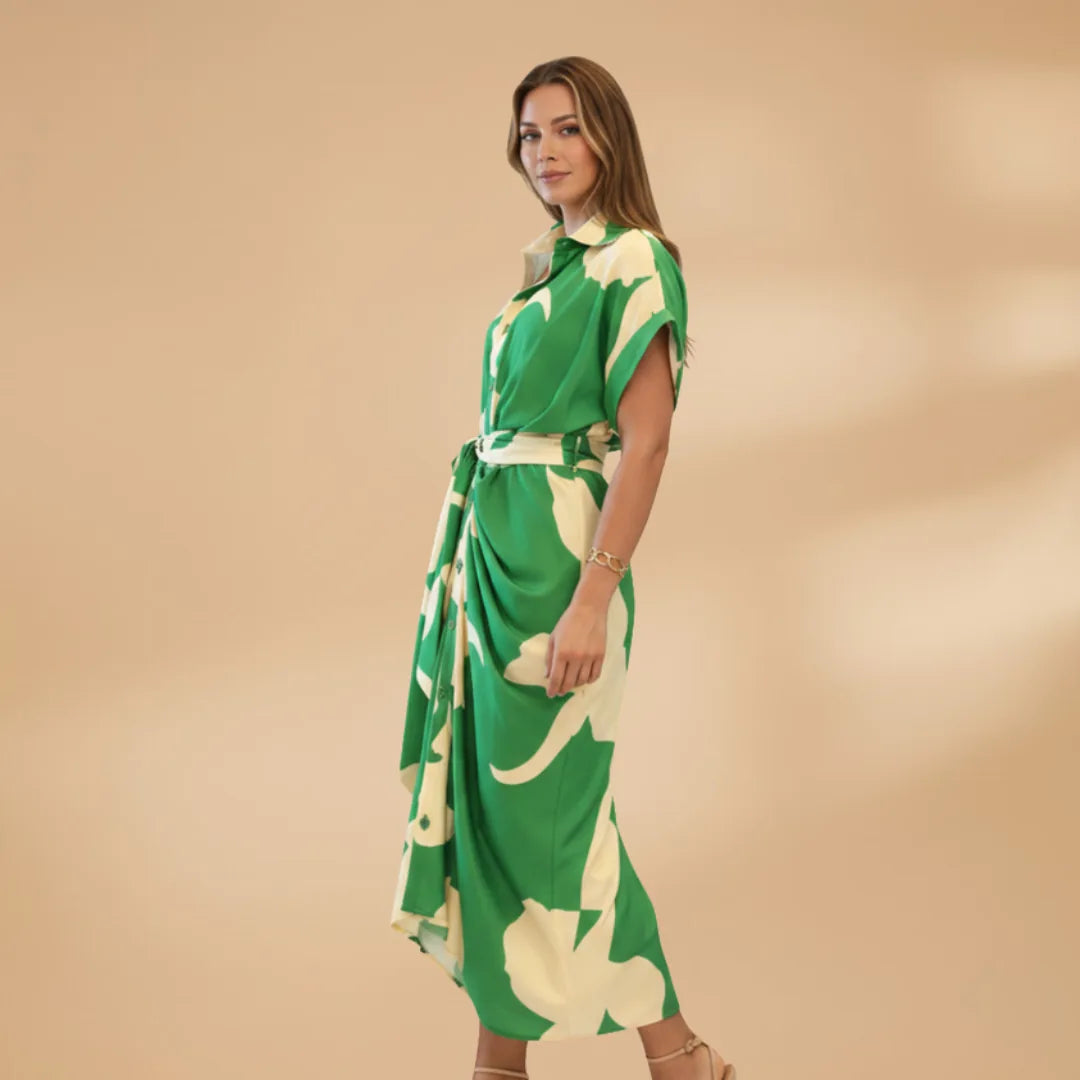 Eva | Elegant Short Sleeve Tie Waist Midi Dress