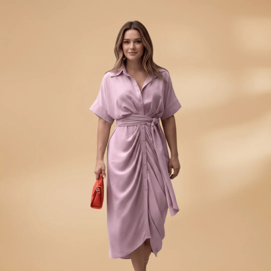 Eva | Elegant Short Sleeve Tie Waist Midi Dress