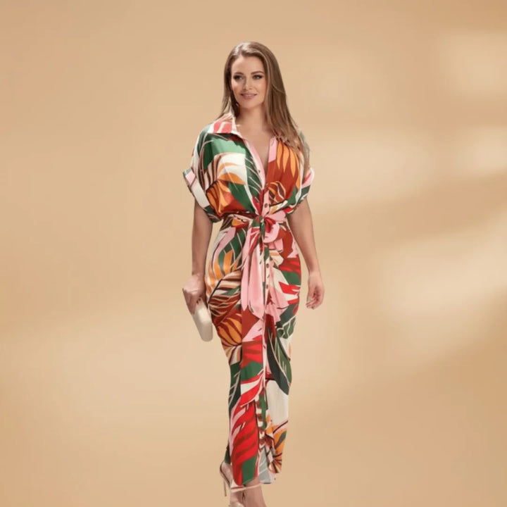 Eva | Elegant Short Sleeve Tie Waist Midi Dress