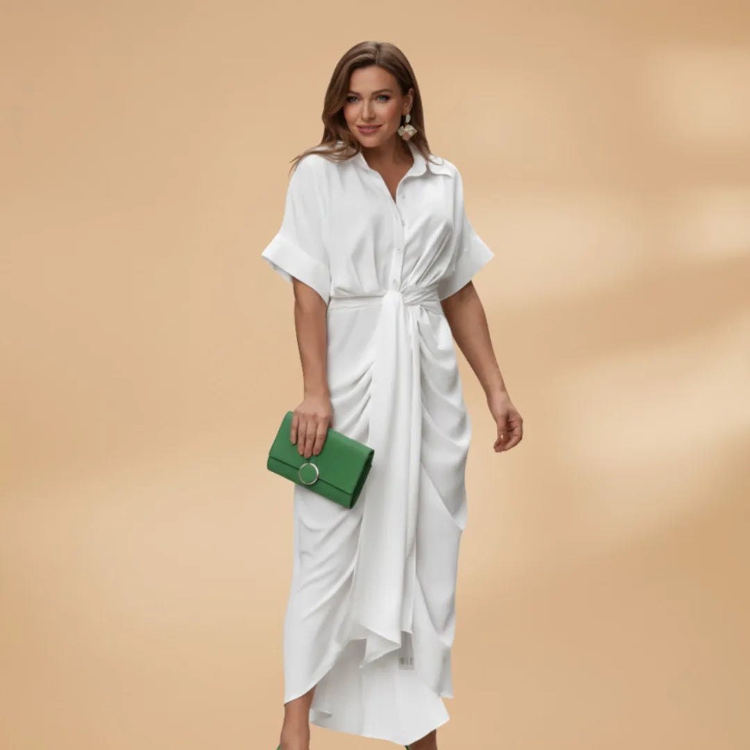 Eva | Elegant Short Sleeve Tie Waist Midi Dress