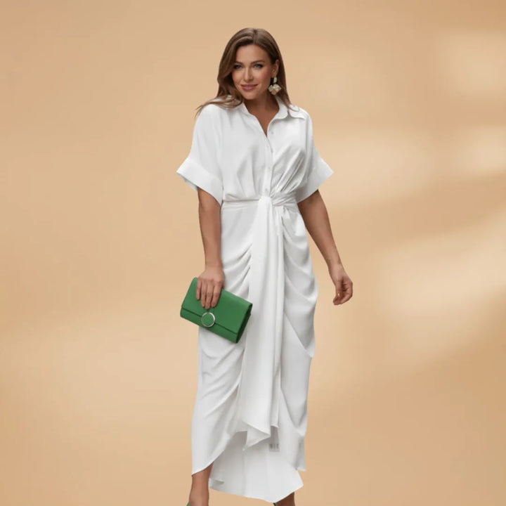 Eva | Elegant Short Sleeve Tie Waist Midi Dress
