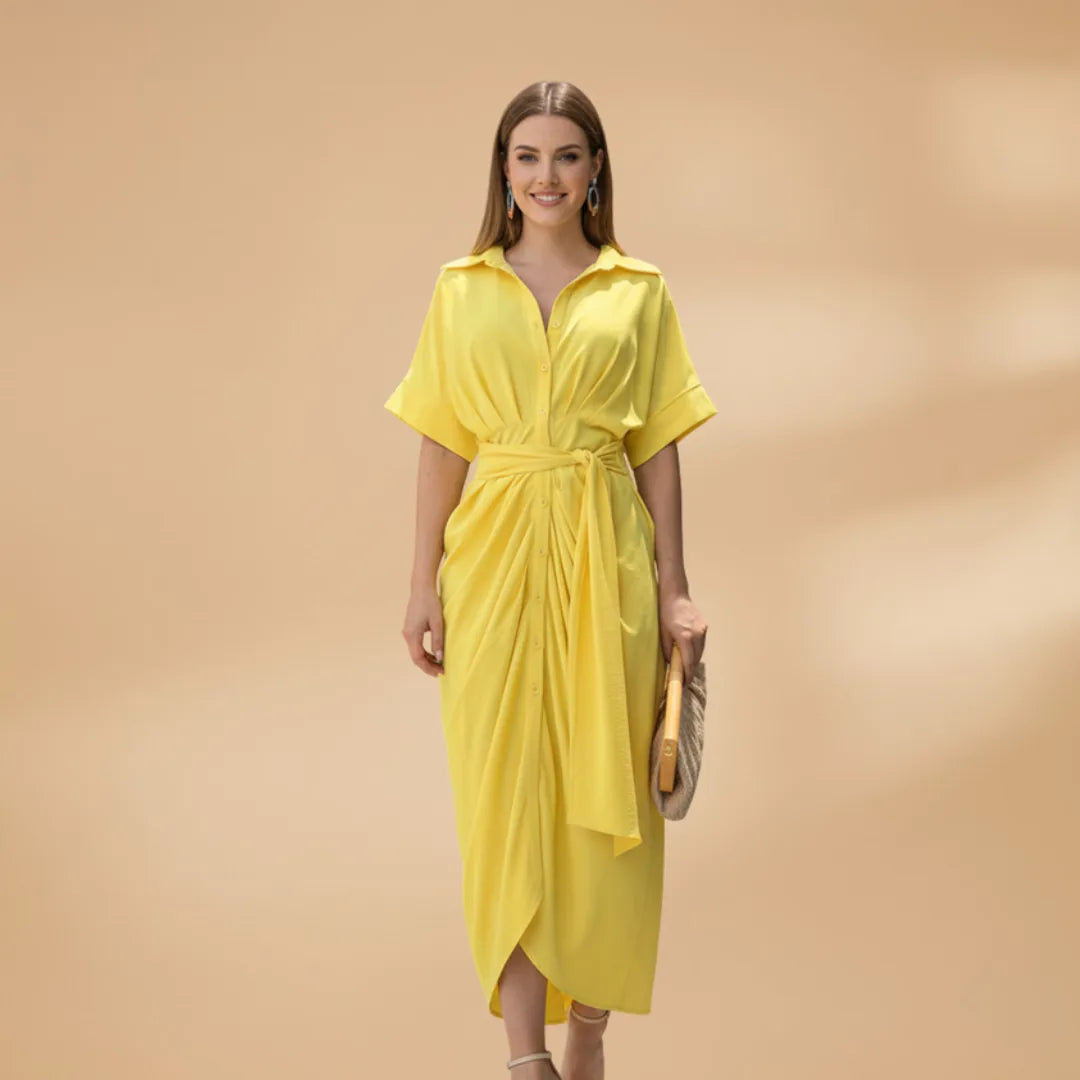 Eva | Elegant Short Sleeve Tie Waist Midi Dress