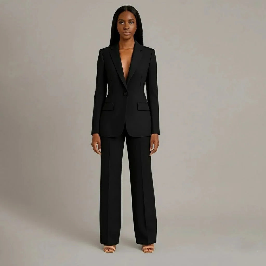 Black Women's Single Button Formal Suit Set — Celeste Wide-Leg Professional - Front Pose