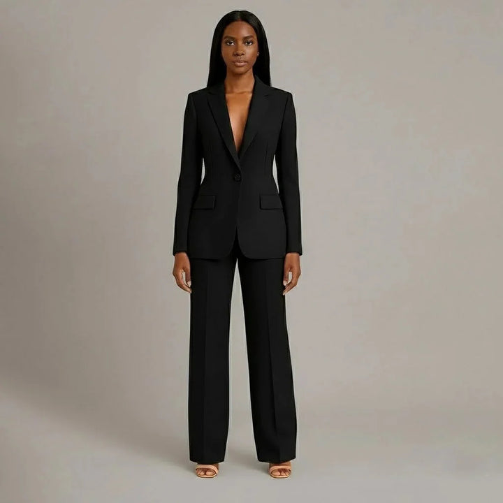 Black Women's Single Button Formal Suit Set — Celeste Wide-Leg Professional - Front Pose