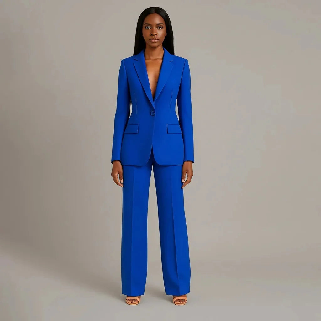 Blue Women's Single Button Formal Suit Set — Celeste Wide-Leg Professional - Professional Pose