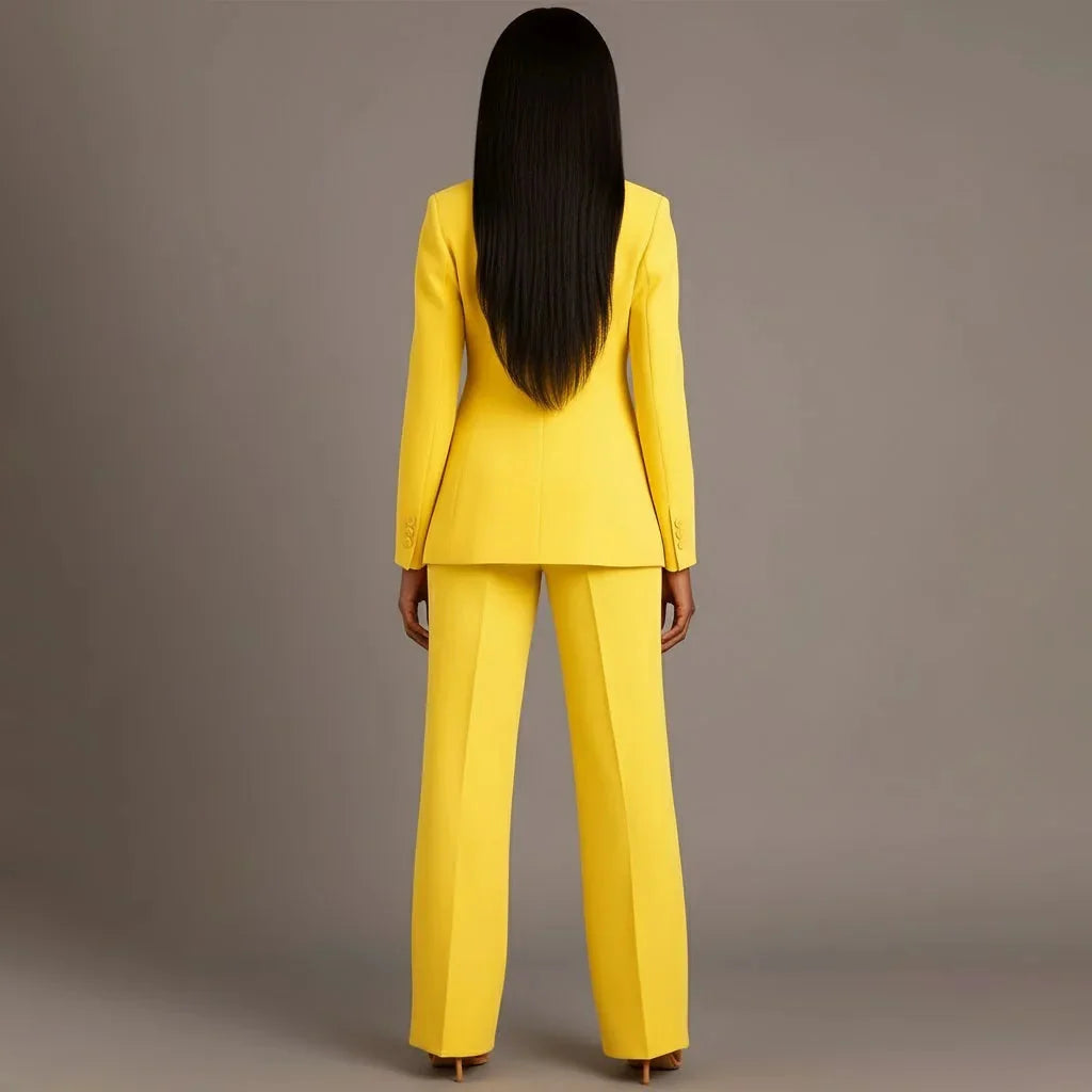 Yellow Women's Single Button Formal Suit Set — Celeste Wide-Leg Professional - Back Standing