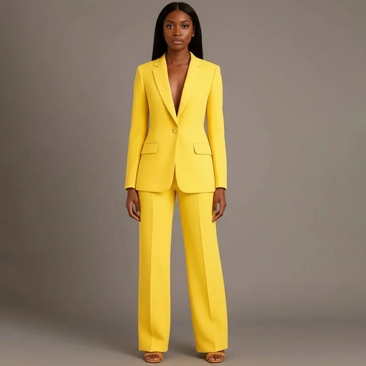 Yellow Women's Single Button Formal Suit Set — Celeste Wide-Leg Professional - Front Standing
