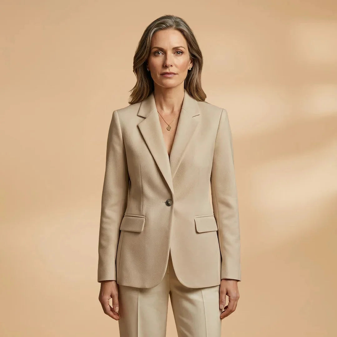 Beige Women's Single Button Professional Blazer — Faith Classic Lapel - Model Front
