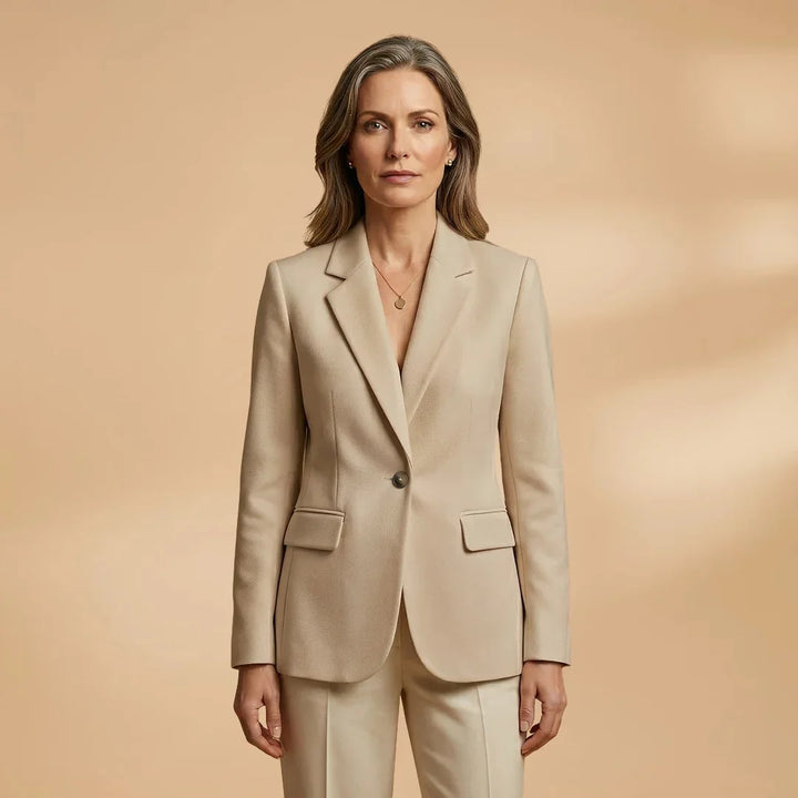 Beige Women's Single Button Professional Blazer — Faith Classic Lapel - Model Front