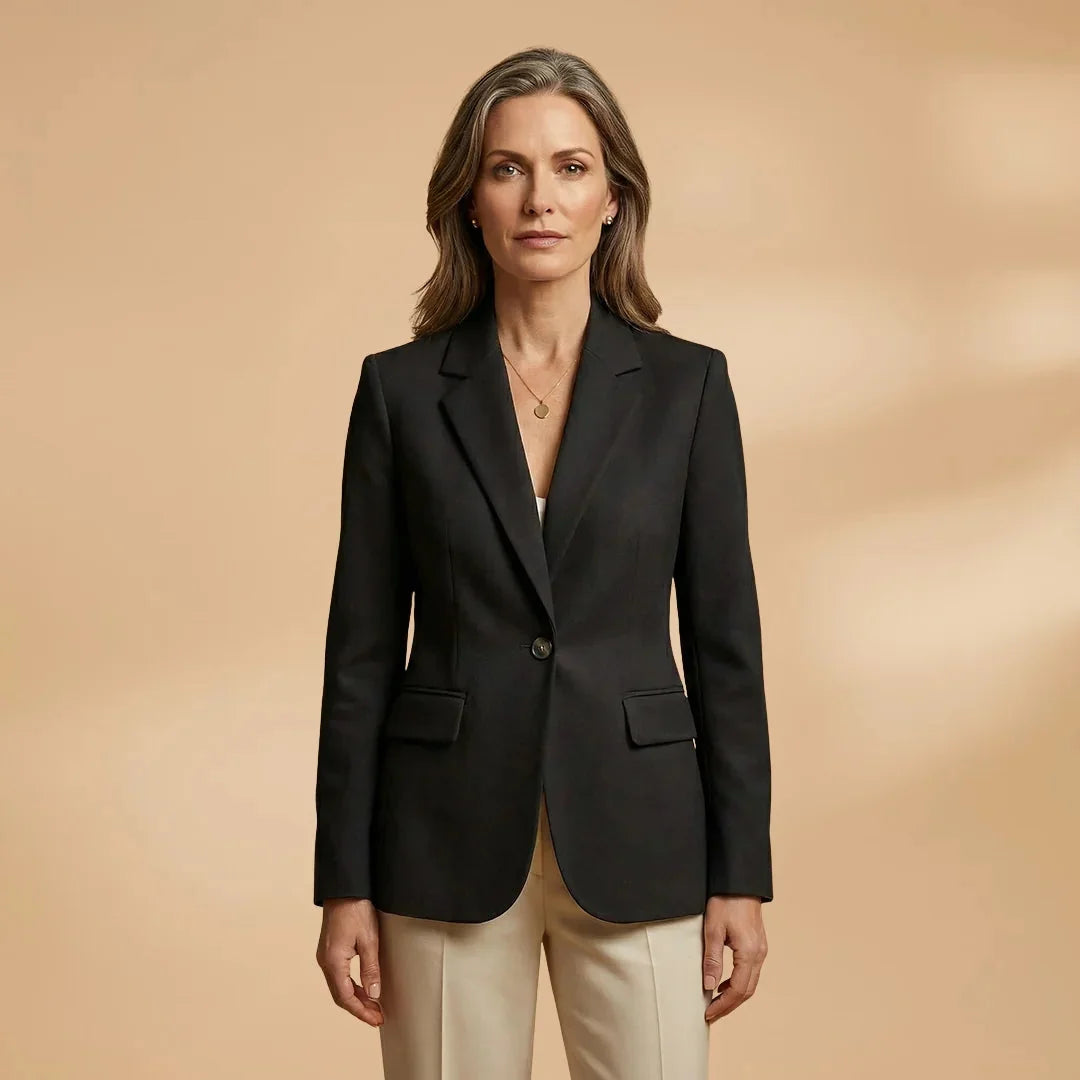 Black Women's Single Button Professional Blazer — Faith Classic Lapel - Model Front
