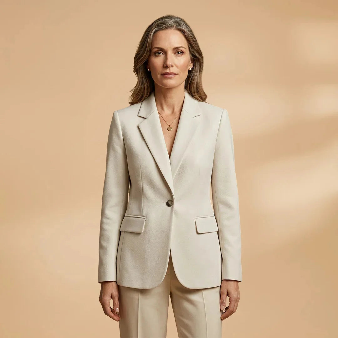 White Women's Single Button Professional Blazer — Faith Classic Lapel - Model Front Pose
