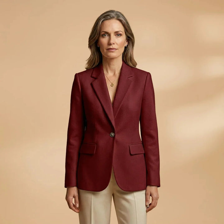 Wine Women's Single Button Professional Blazer — Faith Classic Lapel - Model Front Burgundy