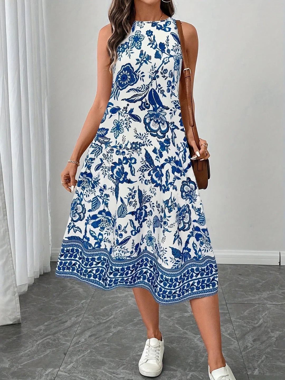 Grace | Sleeveless Floral Print A-Line Midi Dress
