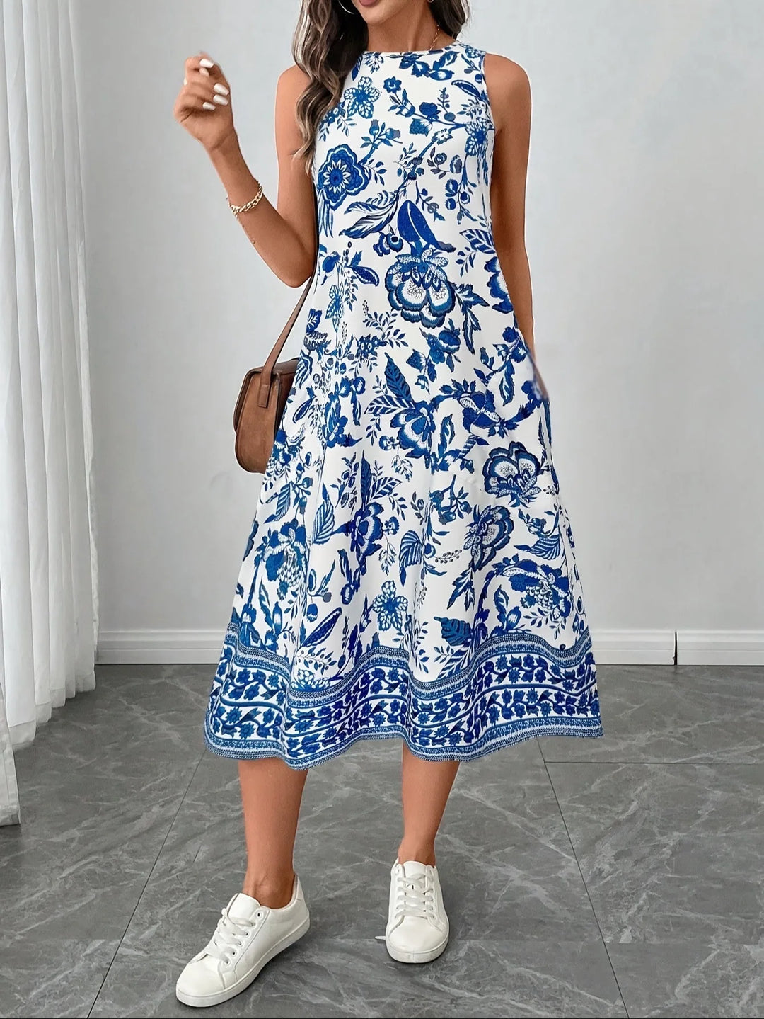 Grace | Sleeveless Floral Print A-Line Midi Dress
