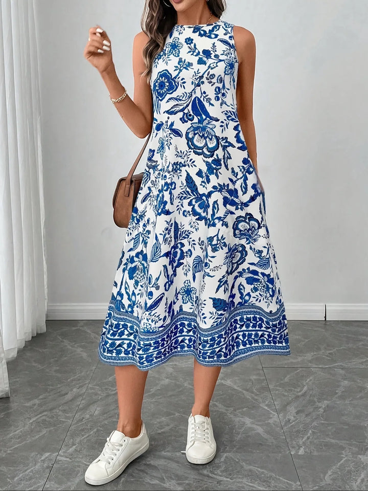 Grace | Sleeveless Floral Print A-Line Midi Dress