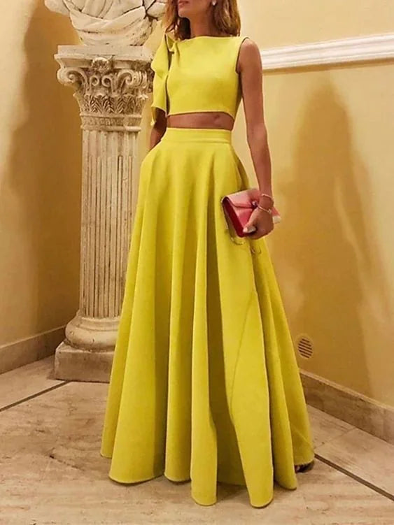 Yellow Women's Sleeveless Evening Dress — Ember A-Line Two-Piece - Front Full