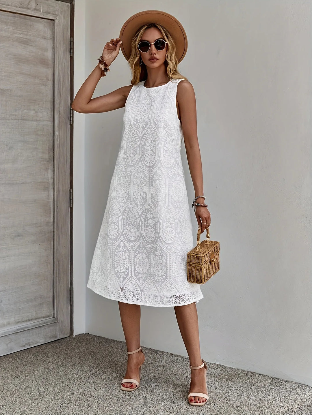 Brooke | Elegant Sleeveless Lace White Midi Dress