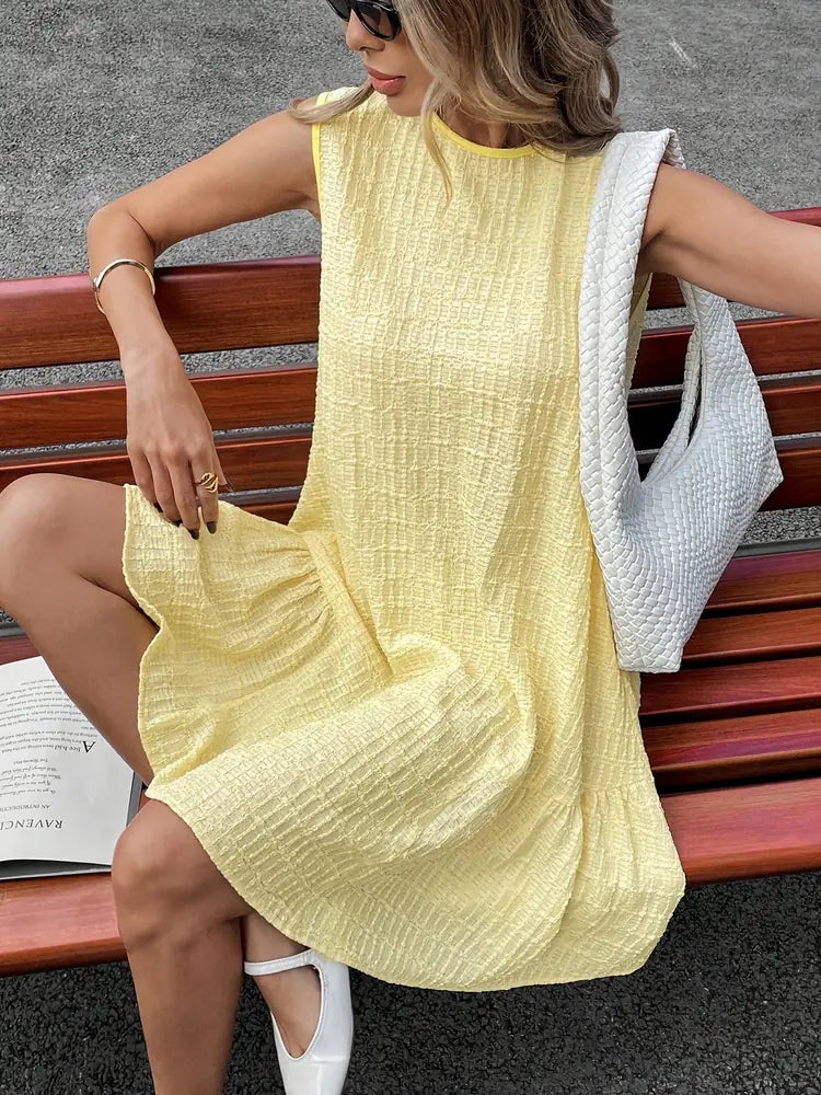 Yellow Women's Yellow Dress — Georgia Sleeveless Textured A-Line - Front Styled Bench