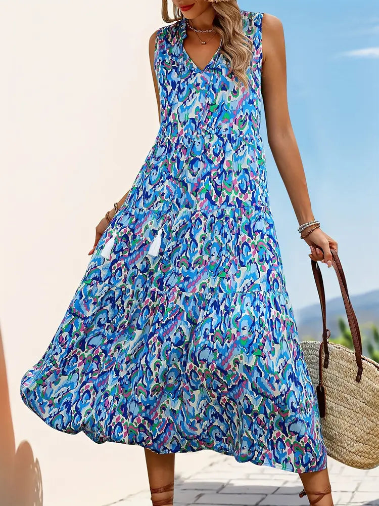 Blue Women's Sleeveless Tiered Maxi Dress — Amber V-Neck Printed Bohemian - Front Full