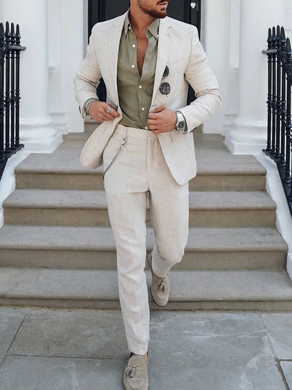 Cream Elegant Men's Two Piece Set Slim Fit Business Suit - Front Full