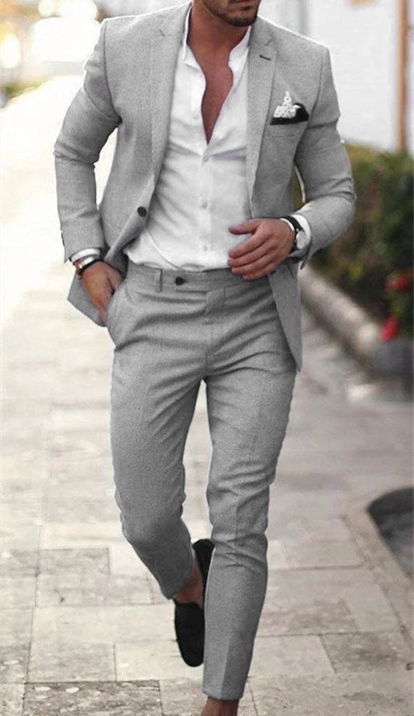 Light Gray Elegant Men's Two Piece Set Slim Fit Business Suit - Outdoor Lifestyle